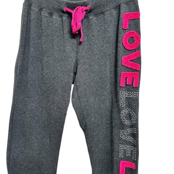 Reflex‎ Gray Jogger Sweatpants Love Rhinestone Pink Drawstring Womens Medium - Picture 2 of 6